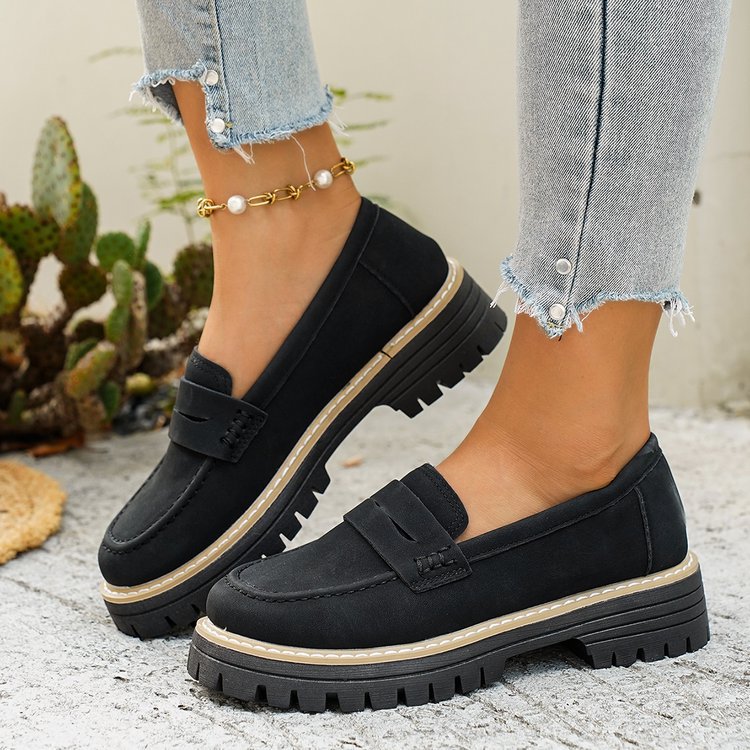 Women's Wide Width Chunky Heel Loafers - Slip-On Platform Flats