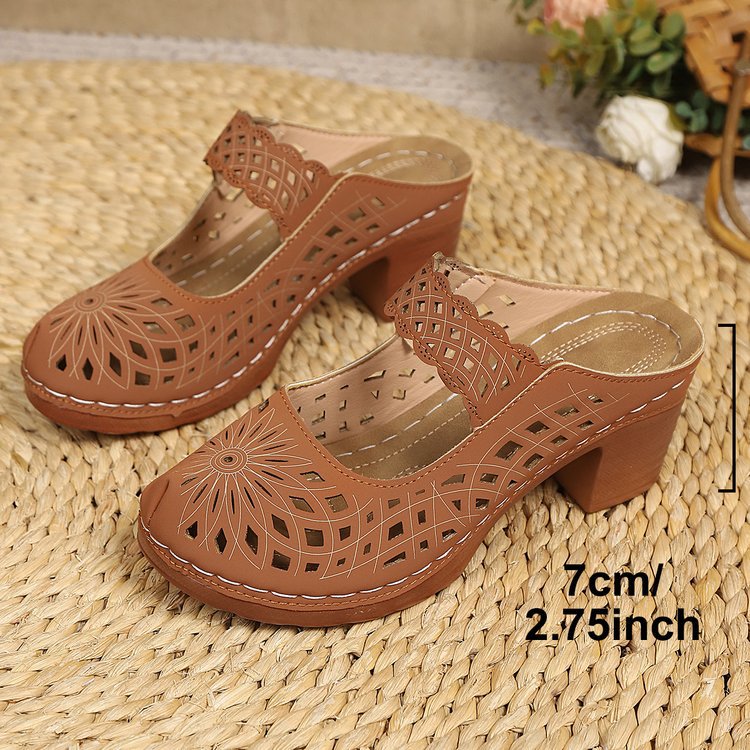 Slide Sandals for Women - Chunky Heel Mules with Breathable Cutout