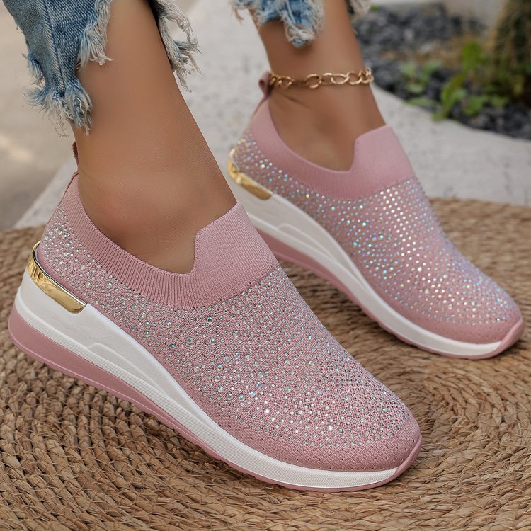 Comfortable Wedge Sneakers for Women - Rhinestone Flyknit Slip-On