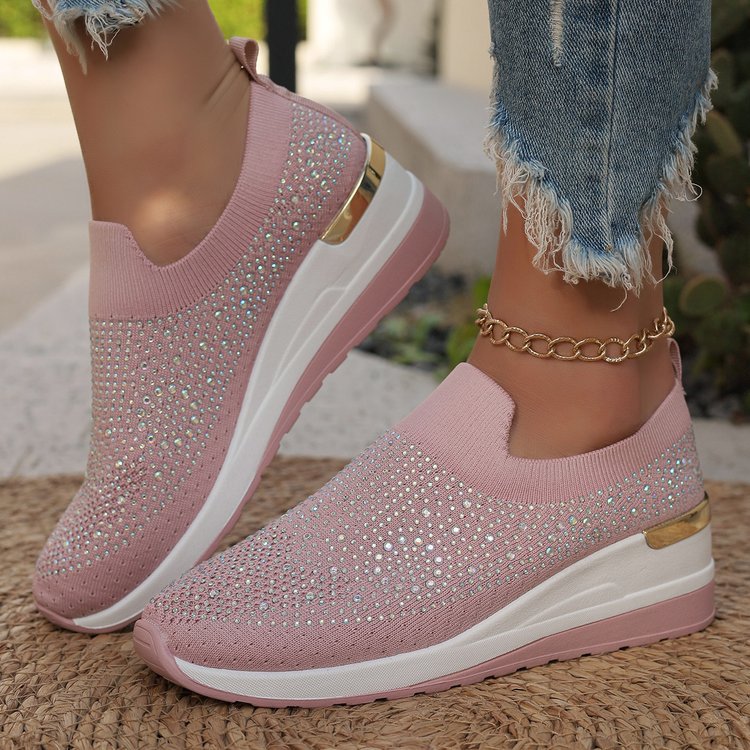 Comfortable Wedge Sneakers for Women - Rhinestone Flyknit Slip-On