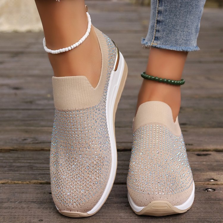 Comfortable Wedge Sneakers for Women - Rhinestone Flyknit Slip-On
