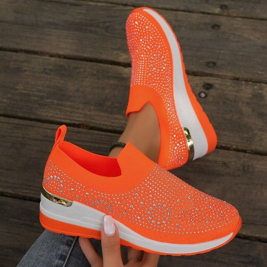 Comfortable Wedge Sneakers for Women - Rhinestone Flyknit Slip-On
