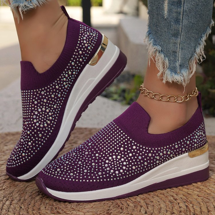 Comfortable Wedge Sneakers for Women - Rhinestone Flyknit Slip-On