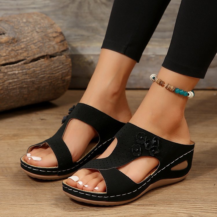 Slide Sandals for Women - Wedge Platform with Carved Cutout Design