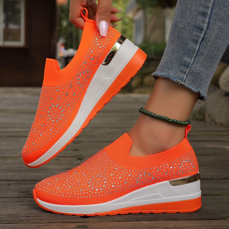 Comfortable Wedge Sneakers for Women - Rhinestone Flyknit Slip-On
