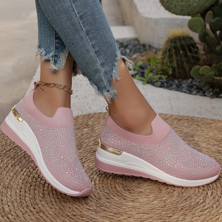Comfortable Wedge Sneakers for Women - Rhinestone Flyknit Slip-On