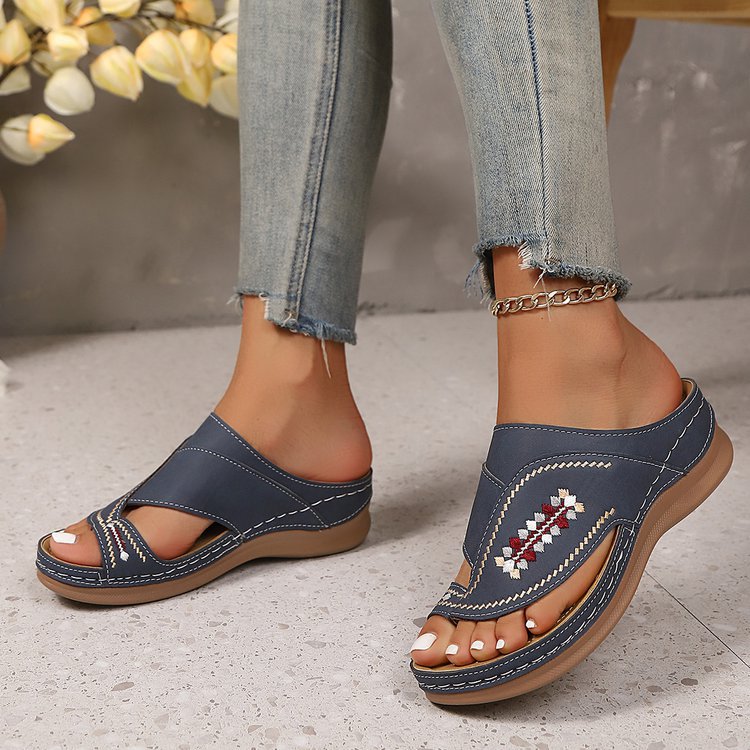 Embroidered Wedge Flip Flops for Women - Lightweight Summer Thong Sandals