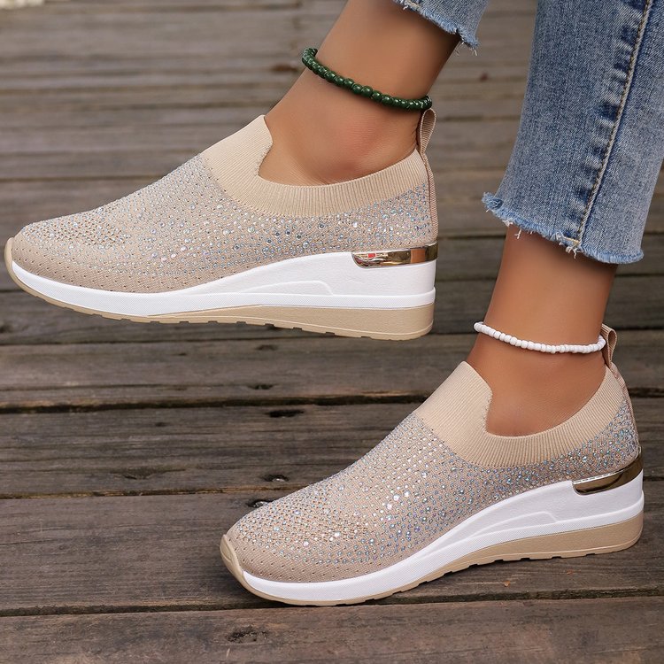 Comfortable Wedge Sneakers for Women - Rhinestone Flyknit Slip-On