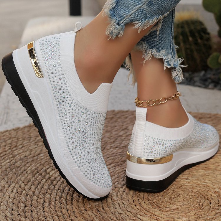 Comfortable Wedge Sneakers for Women - Rhinestone Flyknit Slip-On
