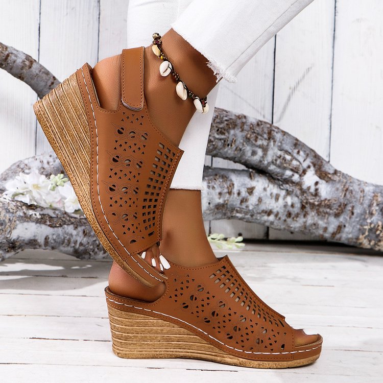 Walking Sandals for Women - Adjustable Strap Wedge with Cutout Design