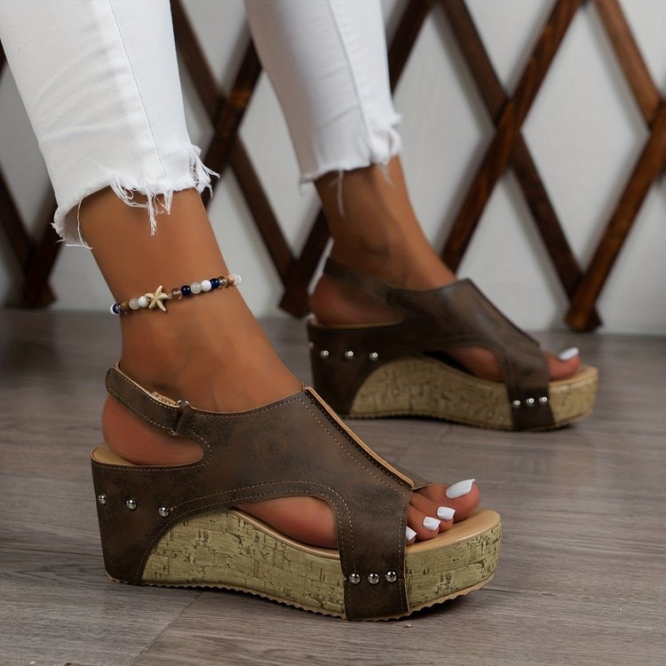 Studded Platform Wedge Sandals for Women - Peep Toe Summer Shoes with Cushioned Footbed
