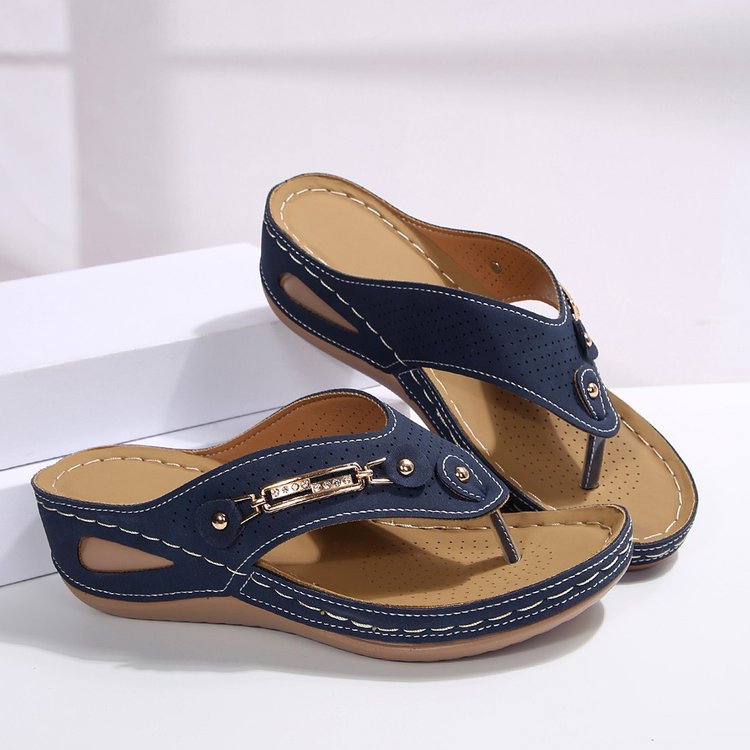 Wedge Flip Flops for Women - Comfortable Thong Sandals with Metal Buckle Detail