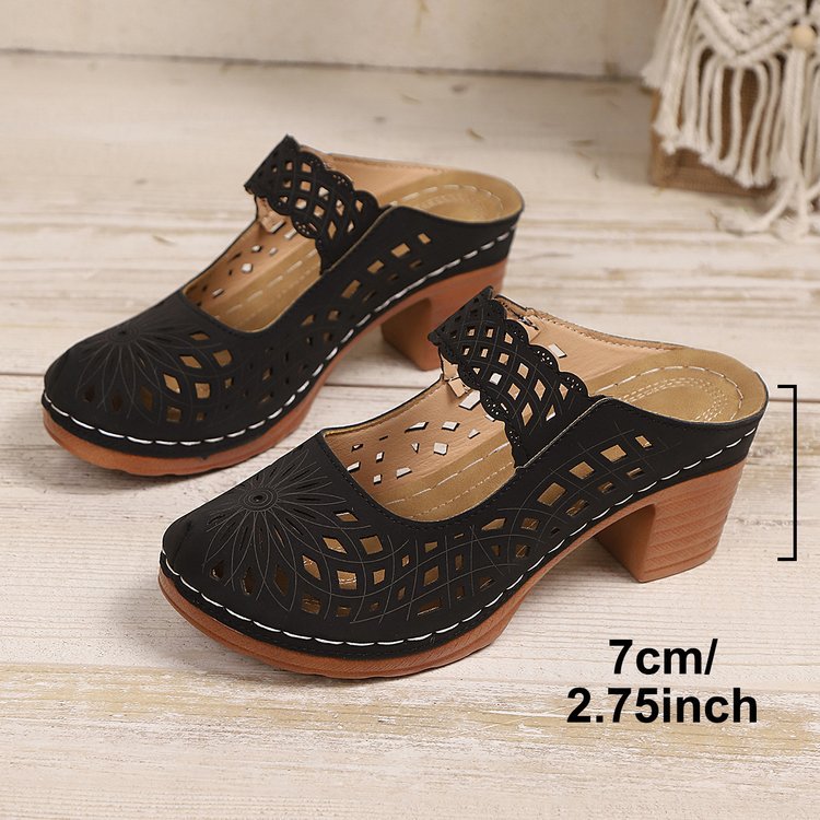 Slide Sandals for Women - Chunky Heel Mules with Breathable Cutout