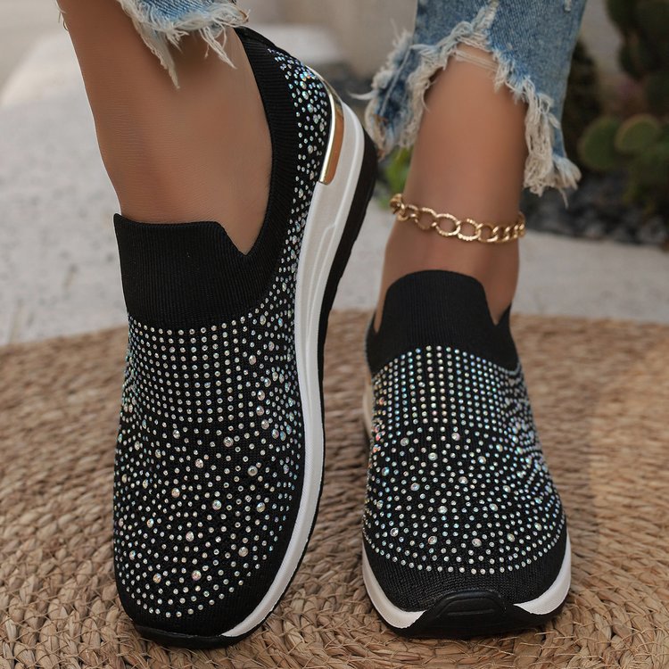 Comfortable Wedge Sneakers for Women - Rhinestone Flyknit Slip-On