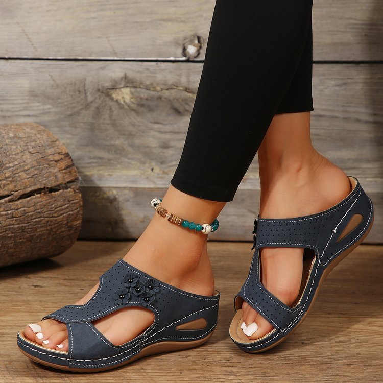 Slide Sandals for Women - Wedge Platform with Carved Cutout Design