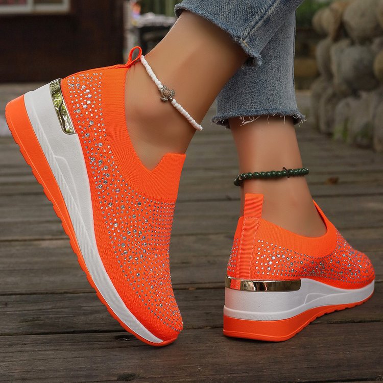 Comfortable Wedge Sneakers for Women - Rhinestone Flyknit Slip-On