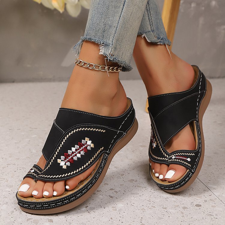 Embroidered Wedge Flip Flops for Women - Lightweight Summer Thong Sandals