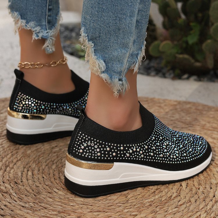 Comfortable Wedge Sneakers for Women - Rhinestone Flyknit Slip-On