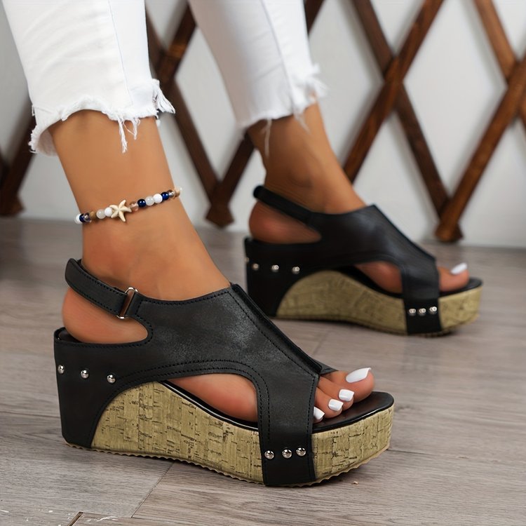 Studded Platform Wedge Sandals for Women - Peep Toe Summer Shoes with Cushioned Footbed
