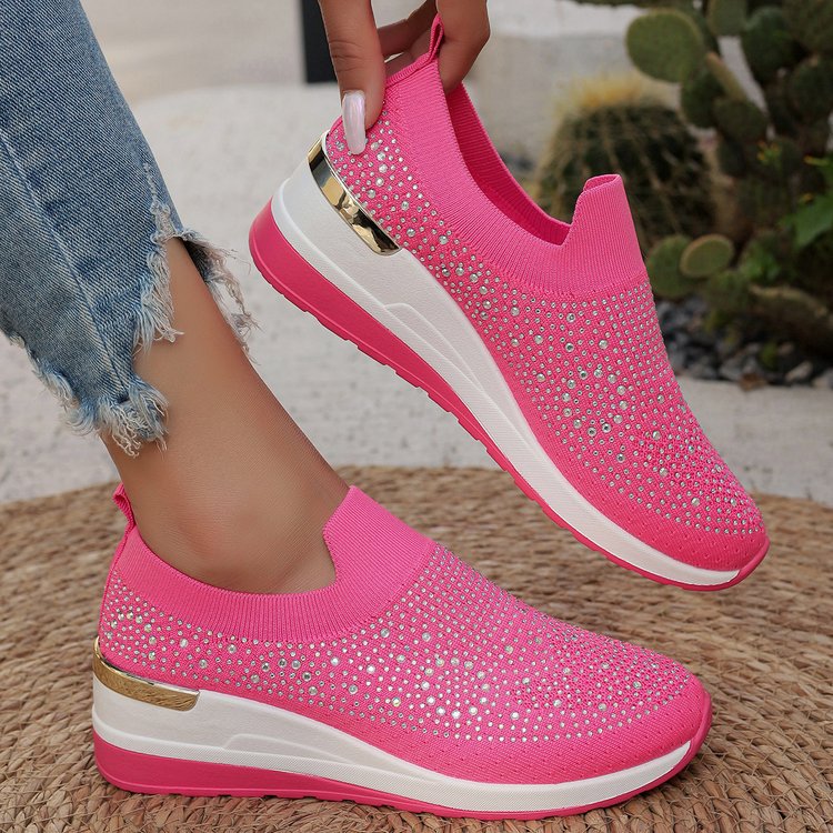 Comfortable Wedge Sneakers for Women - Rhinestone Flyknit Slip-On