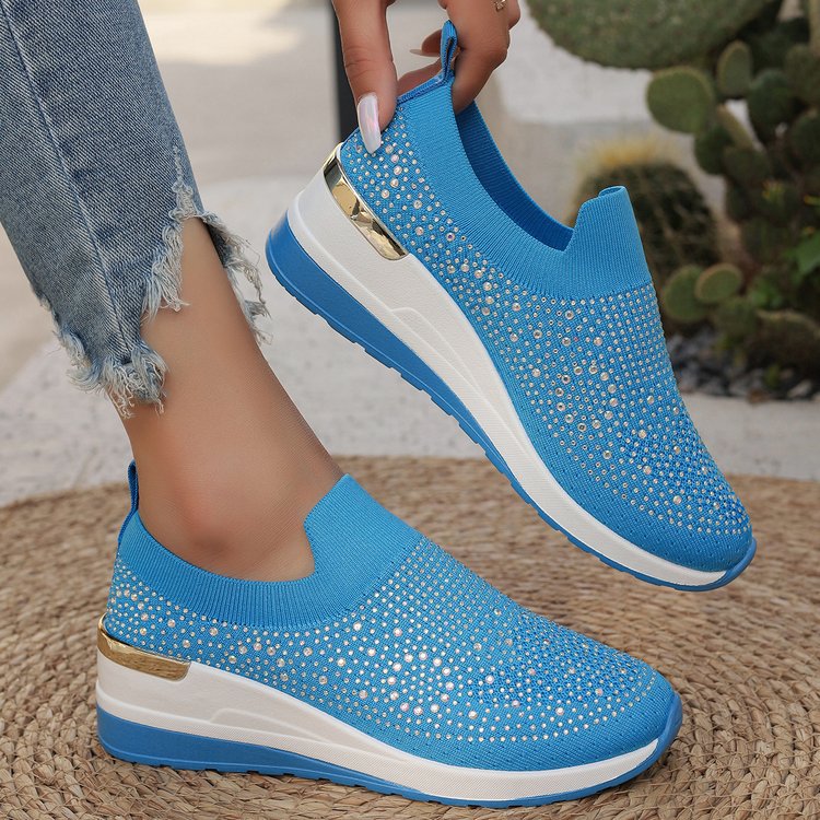 Comfortable Wedge Sneakers for Women - Rhinestone Flyknit Slip-On