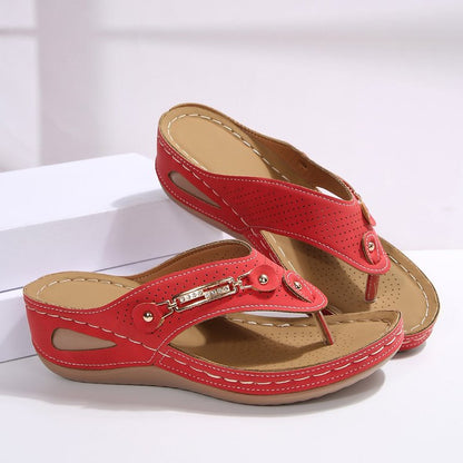 Wedge Flip Flops for Women - Comfortable Thong Sandals with Metal Buckle Detail