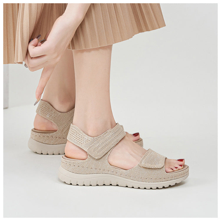Platform Beach Sandals for Women, Cutout Hook-and-Loop Summer Slides
