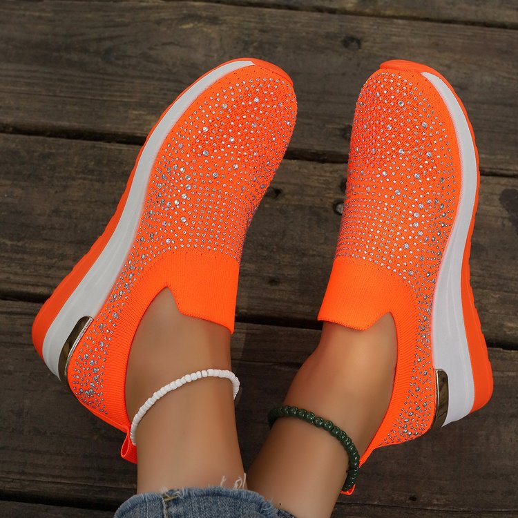 Comfortable Wedge Sneakers for Women - Rhinestone Flyknit Slip-On