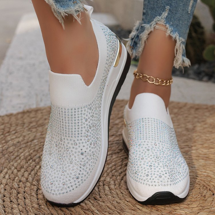 Comfortable Wedge Sneakers for Women - Rhinestone Flyknit Slip-On