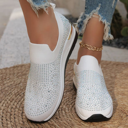 Comfortable Wedge Sneakers for Women - Rhinestone Flyknit Slip-On