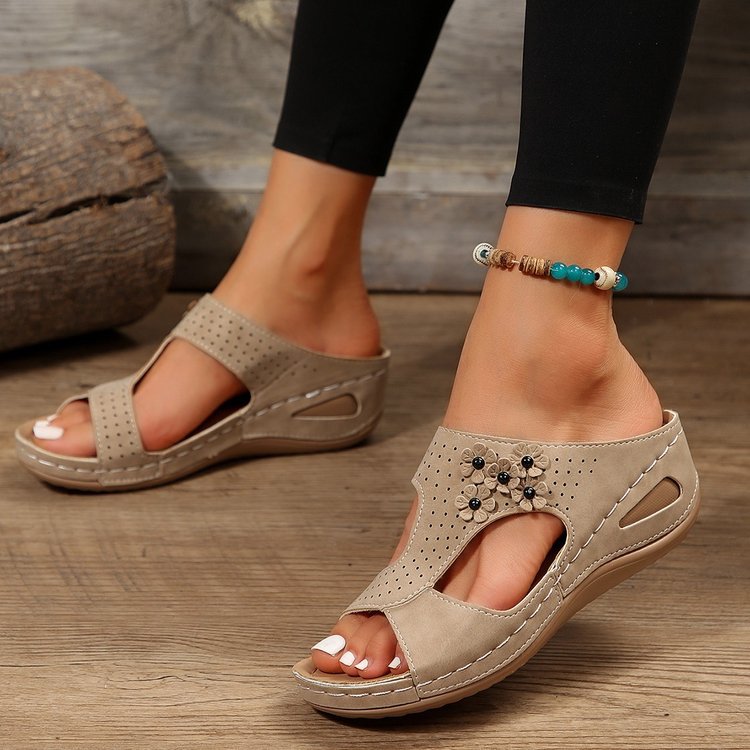 Slide Sandals for Women - Wedge Platform with Carved Cutout Design