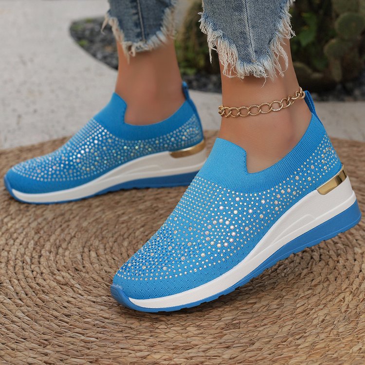 Comfortable Wedge Sneakers for Women - Rhinestone Flyknit Slip-On