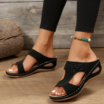 Slide Sandals for Women - Wedge Platform with Carved Cutout Design