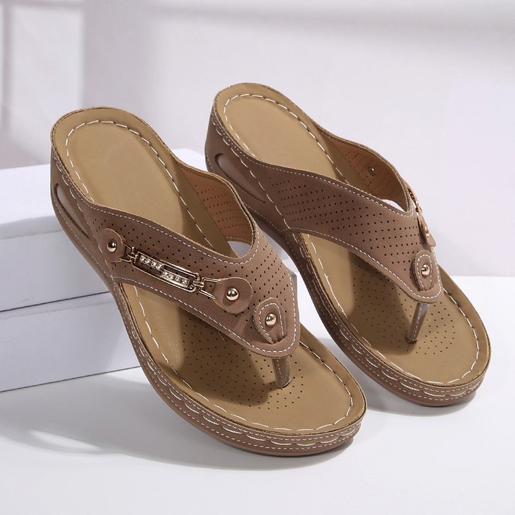 Wedge Flip Flops for Women - Comfortable Thong Sandals with Metal Buckle Detail