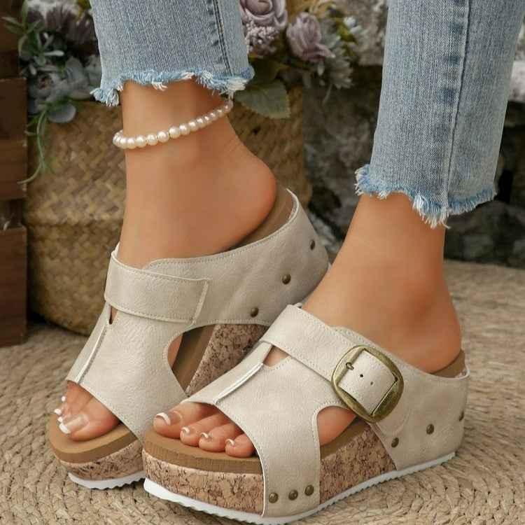 Platform Slide Sandals for Women - Comfortable Buckle Strap Summer Slippers
