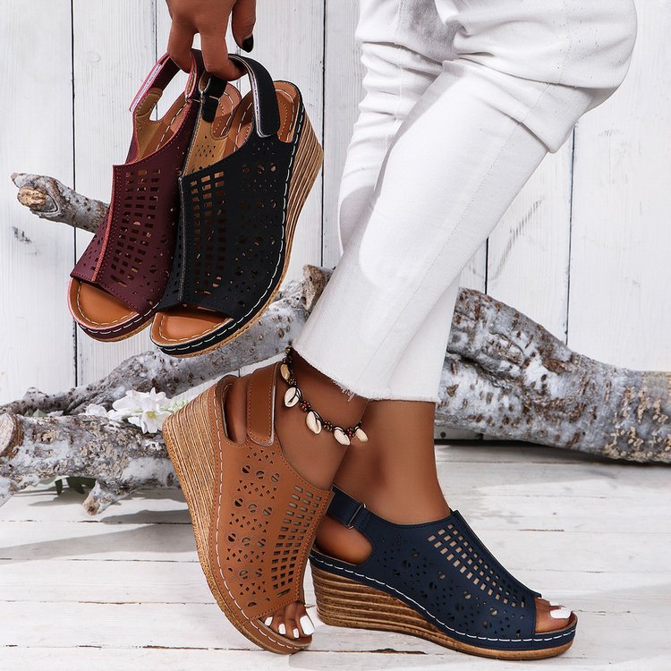 Walking Sandals for Women - Adjustable Strap Wedge with Cutout Design