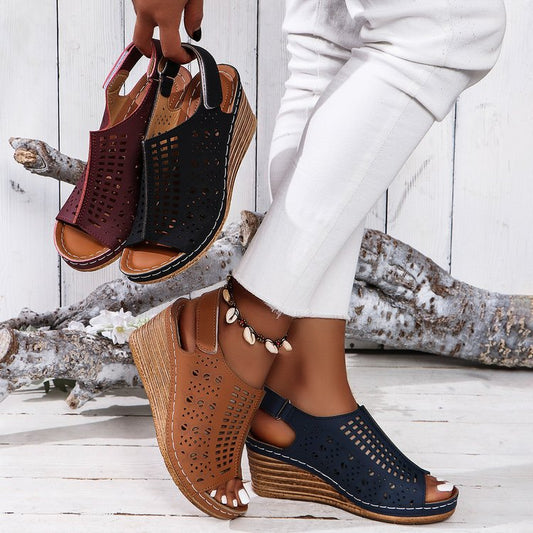 Walking Sandals for Women - Adjustable Strap Wedge with Cutout Design