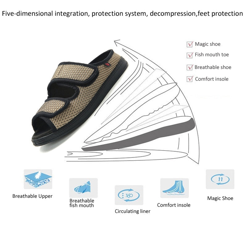 Wide diabetic open-toe sandal for swollen feet with two adjustable velcro straps, breathable mesh and a cushioned massage sole