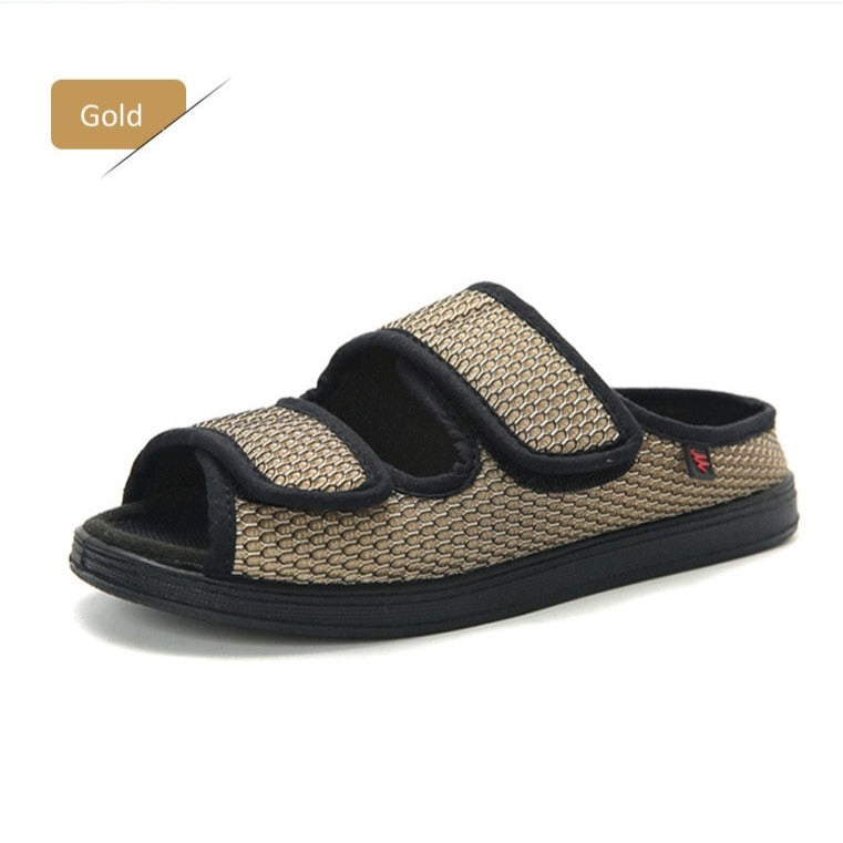 Wide diabetic open-toe sandal for swollen feet with two adjustable velcro straps, breathable mesh and a cushioned massage sole