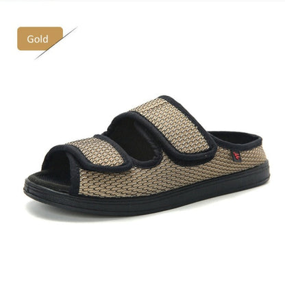 Wide diabetic open-toe sandal for swollen feet with two adjustable velcro straps, breathable mesh and a cushioned massage sole