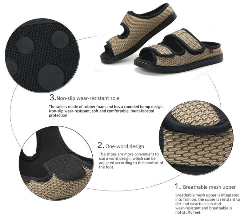 Wide diabetic open-toe sandal for swollen feet with two adjustable velcro straps, breathable mesh and a cushioned massage sole