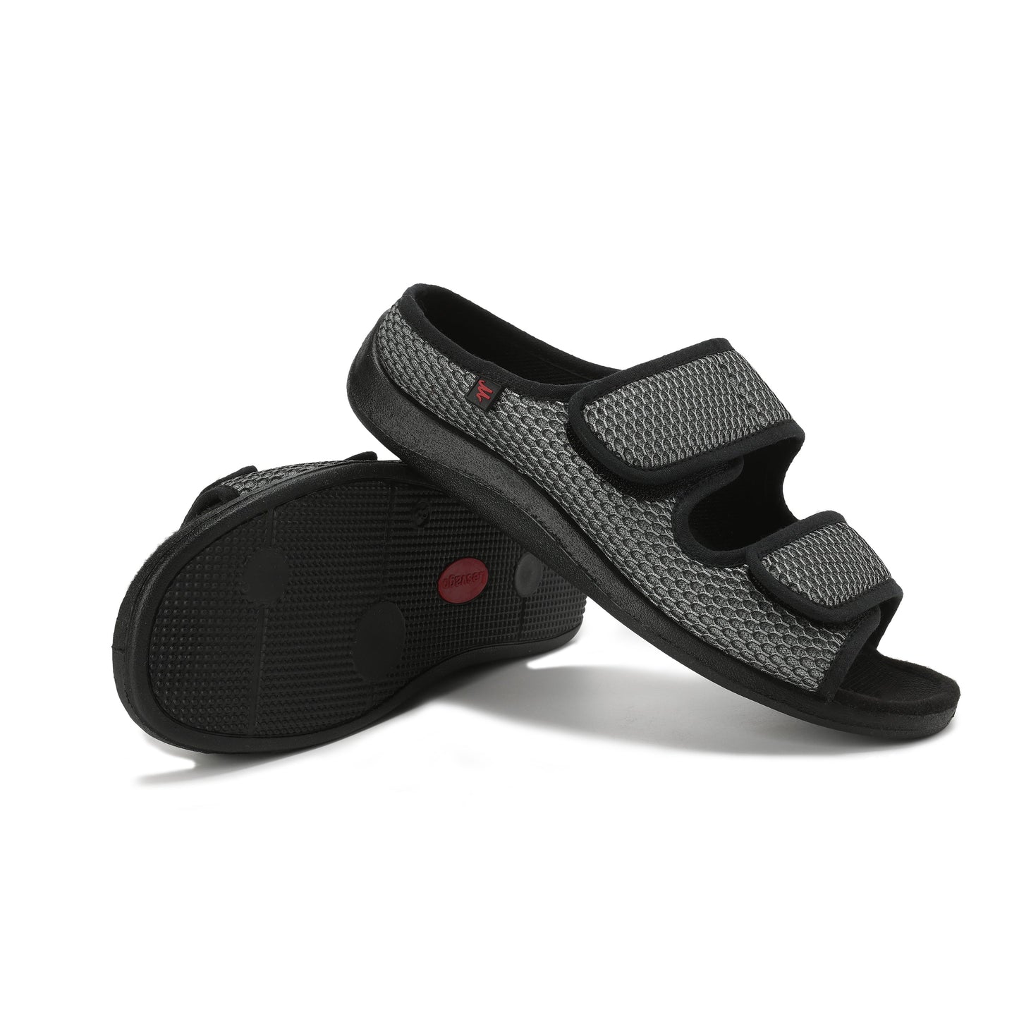 Wide diabetic open-toe sandal for swollen feet with two adjustable velcro straps, breathable mesh and a cushioned massage sole