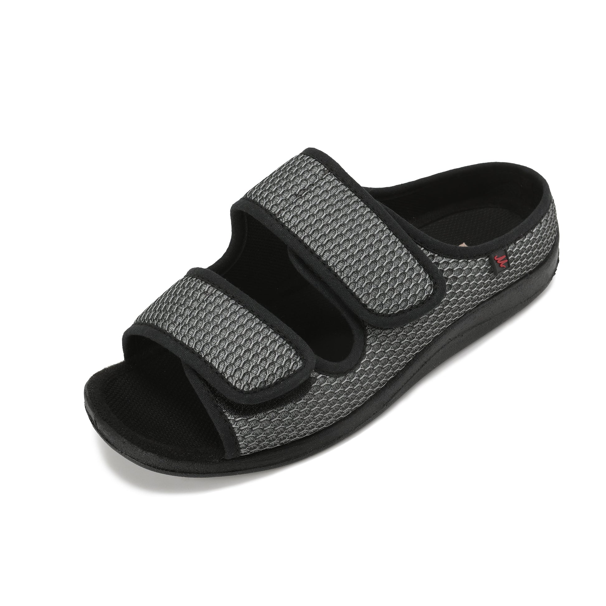 Wide diabetic open-toe sandal for swollen feet with two adjustable velcro straps, breathable mesh and a cushioned massage sole