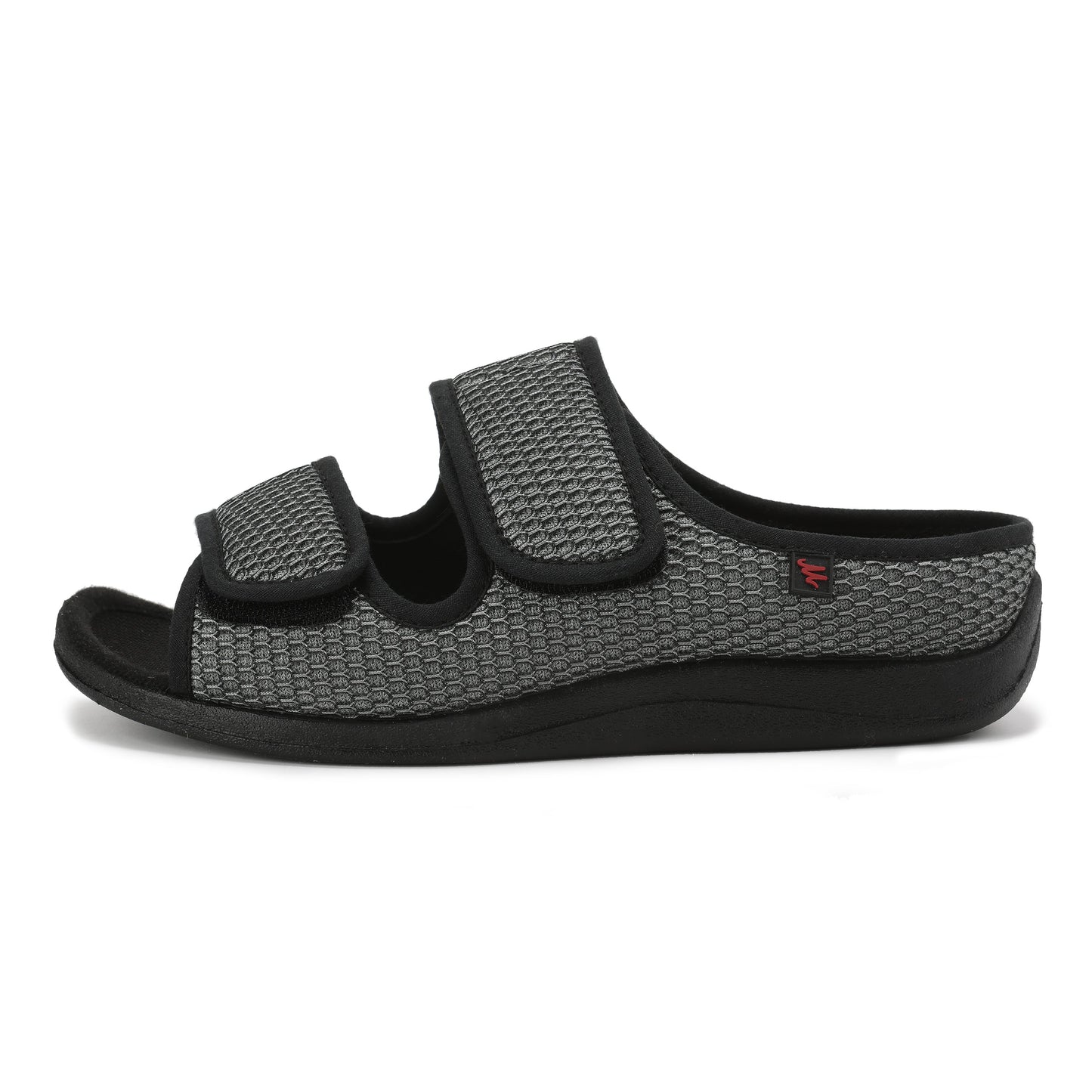 Wide diabetic open-toe sandal for swollen feet with two adjustable velcro straps, breathable mesh and a cushioned massage sole