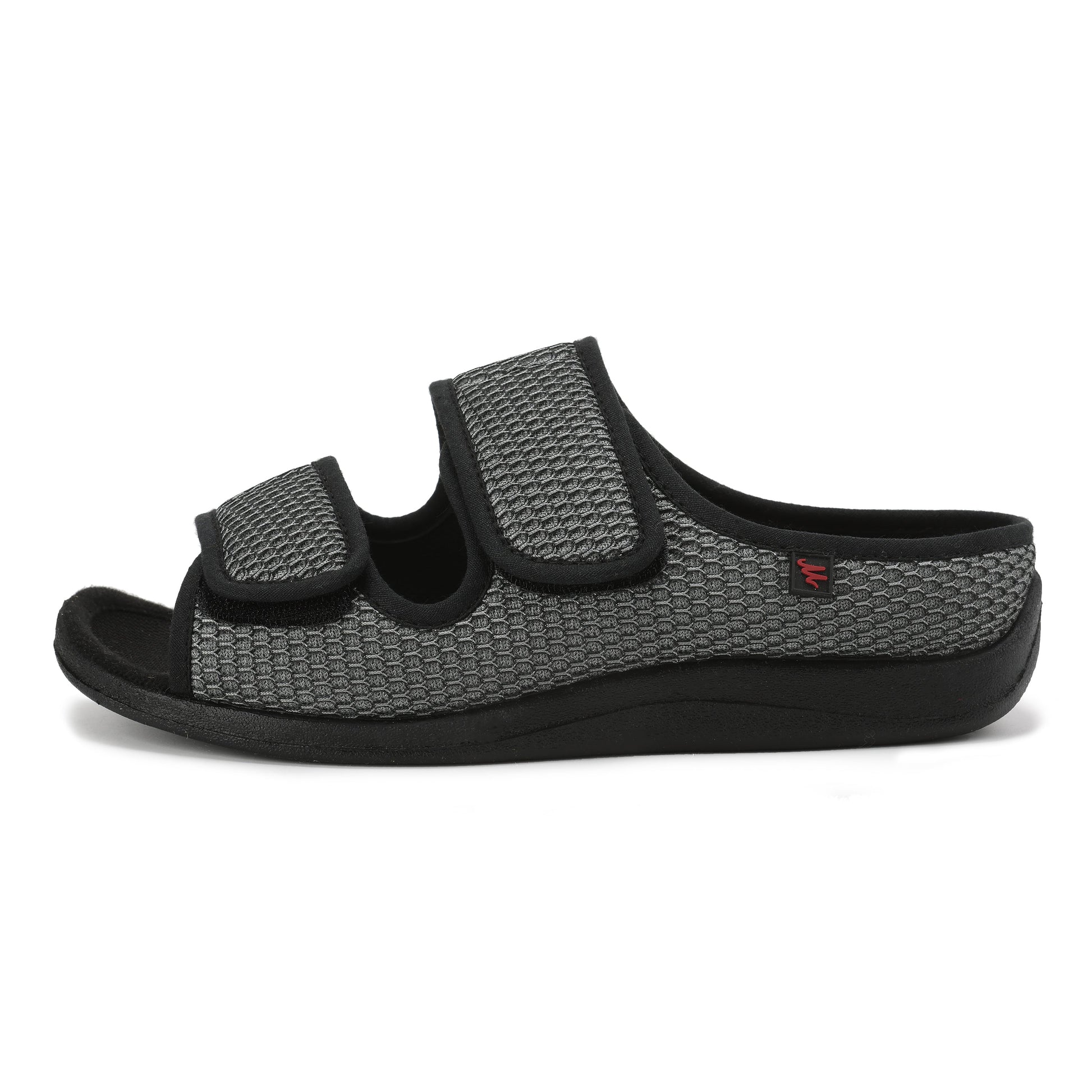 Wide diabetic open-toe sandal for swollen feet with two adjustable velcro straps, breathable mesh and a cushioned massage sole