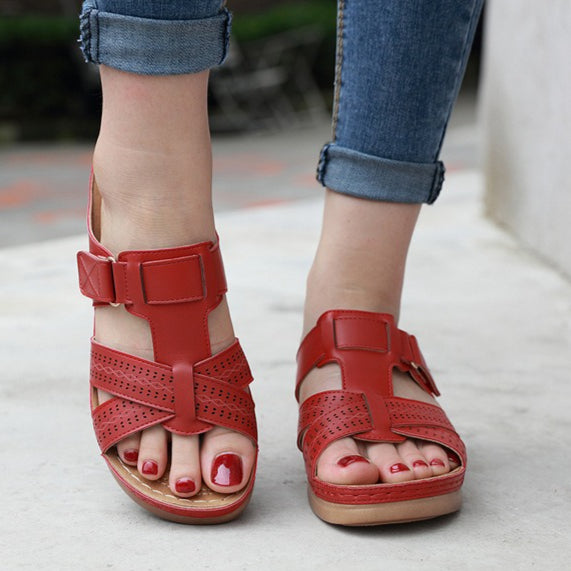 Leather Wedge Sandals, Plus Size Cross-Stitched Summer Comfort Slides