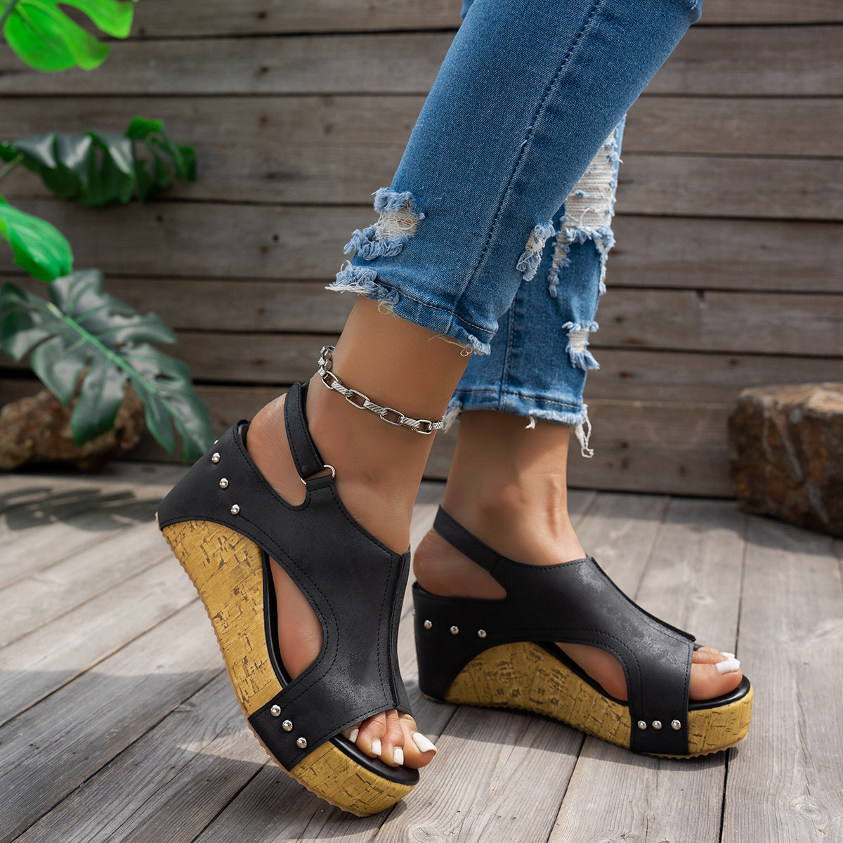 Studded Platform Wedge Sandals for Women - Peep Toe Summer Shoes with Cushioned Footbed