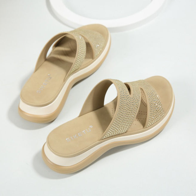 Rhinestone Platform Sandals, Plus Size Chunky Heel Dressy Summer Mules