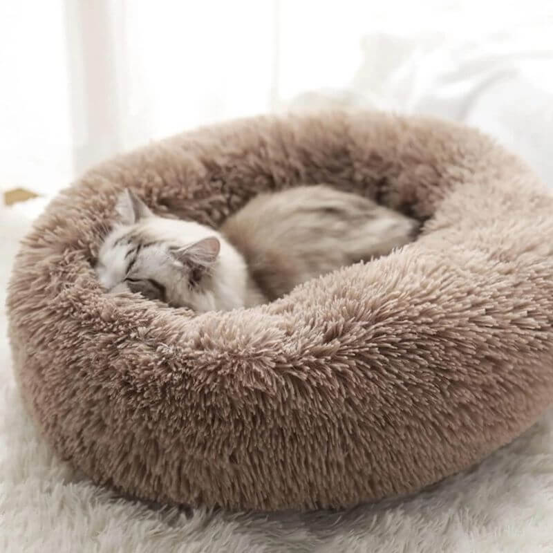 Calming Donut Cat Bed: plush fabric and stitching detail