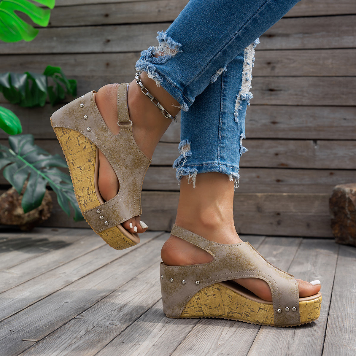 Studded Platform Wedge Sandals for Women - Peep Toe Summer Shoes with Cushioned Footbed